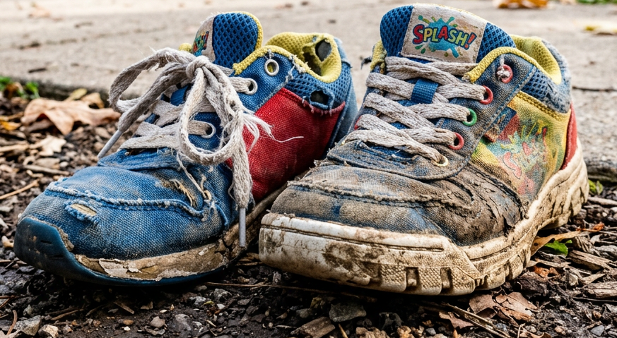 Worn blue and multicolored children’s sneakers labeled “SPLASH” beside a playground